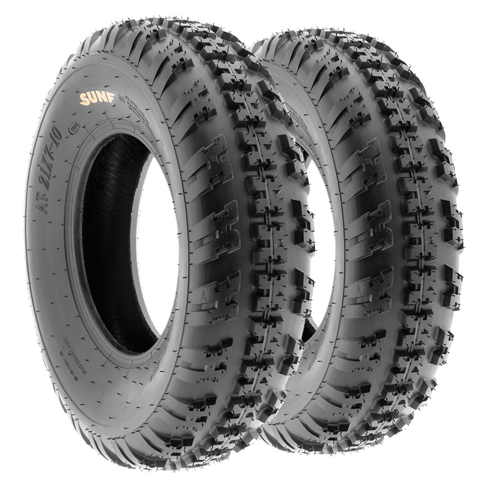 Pair / Set of 2 front ATV and Quad racing tires, model SunF A031 in either 21x7-10 or 20x6-10 sizes, featuring 6-ply bias construction and directional tread pattern with classic high performance styling and free shipping.