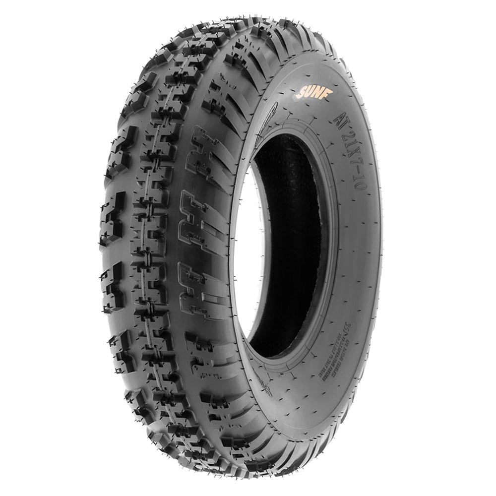 Individual single front ATV and Quad racing tire, model SunF A031 in either 21x7-10 or 20x6-10 sizes, featuring 6-ply bias construction and directional tread pattern with classic high performance styling and free shipping.