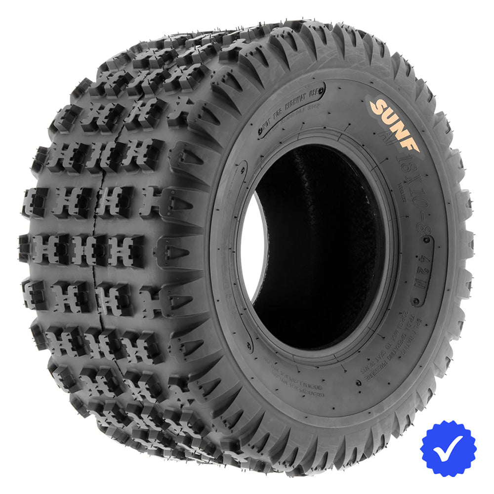 Single rear ATV and Quad racing tire, model SunF A031 in either 18x10-8,  20x11-9, or 22x11-9 individual sizes, featuring 6-ply bias construction and classic tread pattern with high performance design and free shipping from Ride or Die Tire, an authorized SunF retailer and dealer.