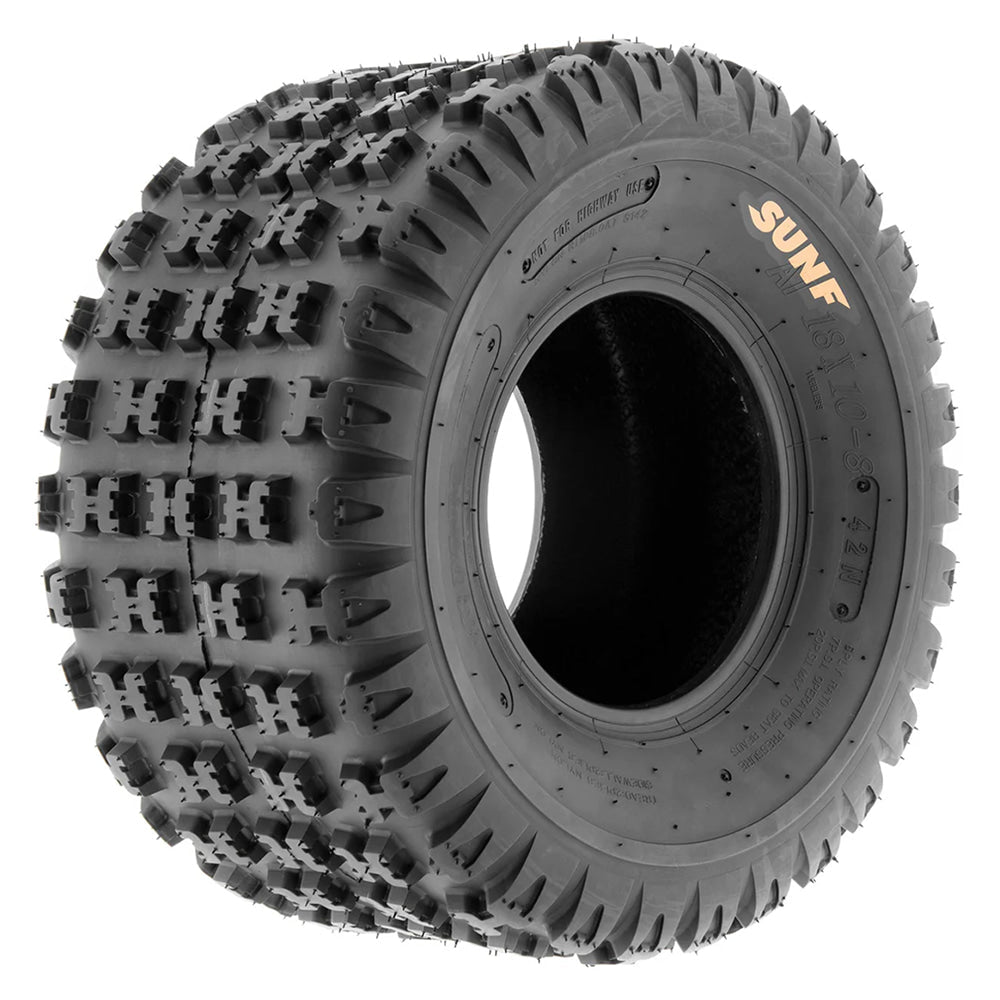 Single rear ATV and Quad racing tire, model SunF A031 in either 18x10-8, 20x11-9, or 22x11-9 individual sizes, featuring 6-ply bias construction and classic tread pattern with high performance design and free shipping from Ride or Die Tire, an authorized SunF retailer and dealer.