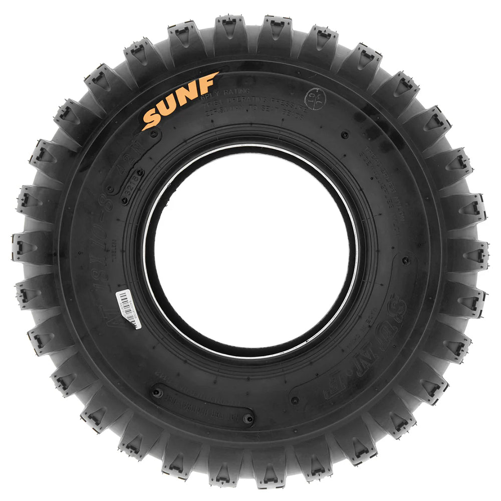 Full sidewall view of the SunF A031 rear ATV tire in 8" and 9" wheel diameter sizes, featuring high performance 6-ply design and full color sidewall logo.
