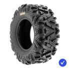 Angled view of the All-Terrain Master A033 SunF Power-1 A/T tire, engineered to excel across diverse terrains such as mud, sand, rocky landscapes, and more, offering consistent and dependable performance across a wide range of off-road environments at a more affordable price (compared to Bighorn) and available in 9" to 15" sizes as well as 6 or 8 ply bias or radial construction, offered with free shipping by Ride or Die Tire and SunF.