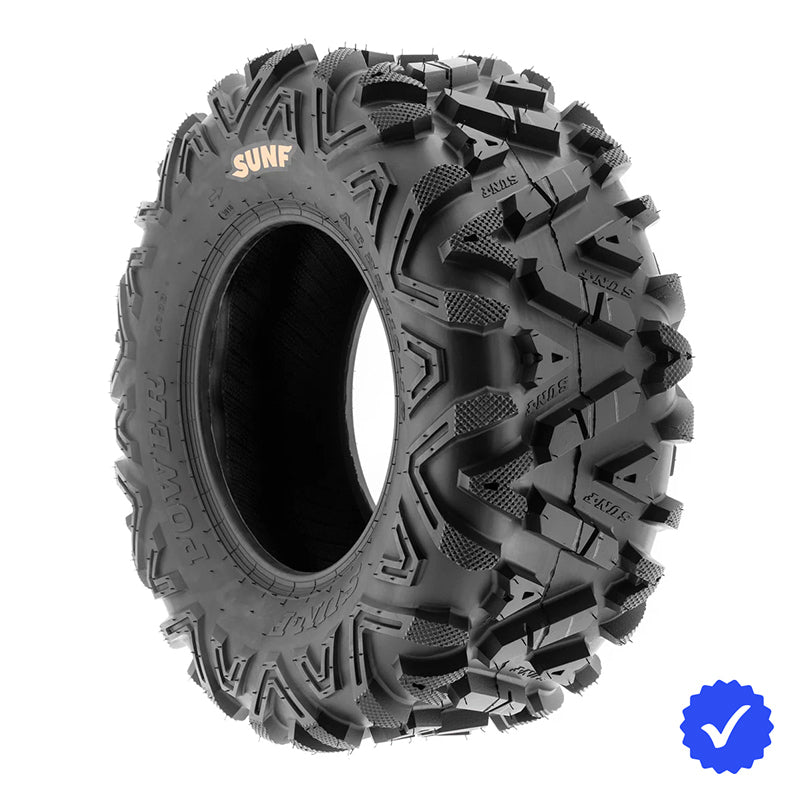 Angled view of the All-Terrain Master A033 SunF Power-1 A/T tire, engineered to excel across diverse terrains such as mud, sand, rocky landscapes, and more, offering consistent and dependable performance across a wide range of off-road environments at a more affordable price (compared to Bighorn) and available in 9" to 15" sizes as well as 6 or 8 ply bias or radial construction, offered with free shipping by Ride or Die Tire and SunF.