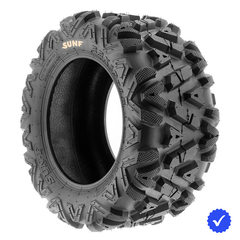 Side angle view of the SunF A033 Power1 ATV and UTV tire in 22x10-12 size, featuring NHS rating, 6-ply bias construction, and popular all-terrain cross hatch Bighorn-style tread design, ships for free from ROD.