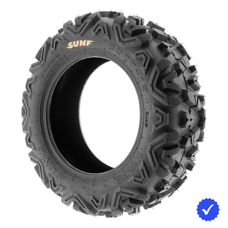 Side angle view of the SunF A033 Power1 ATV and UTV tire in 22x7-12 size, featuring NHS rating, 6-ply bias construction, and popular all-terrain cross hatch Bighorn-style tread design, ships for free.