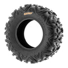Angled view of the great value SunF A033 Power1 UTV tire in popular 6-ply Bias-construction 25x10-12 size which pairs well with 25x8-12 size front tires.