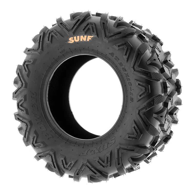 Angled view of the great value SunF A033 Power1 UTV tire in popular 6-ply Bias-construction 25x10-12 size which pairs well with 25x8-12 size front tires.