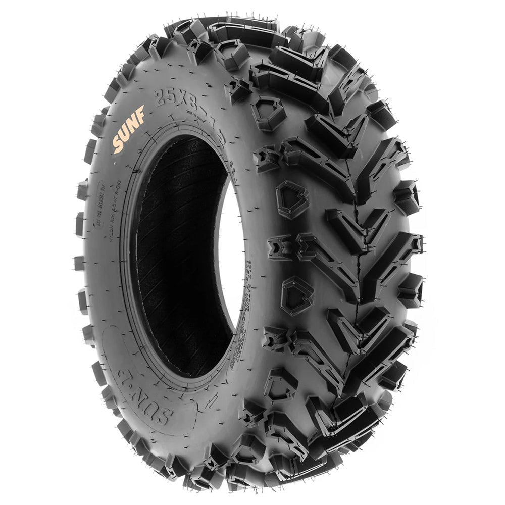 Angled view of a Individual / Single SunF A041 ATV and UTV tire for sale, manufactured with tough 6-ply bias construction and heavy duty mud-terrain directional tread design, available in popular 11" and 12" rim sizes, all available with free shipping.