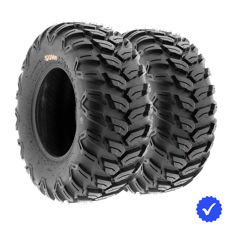 Angled high quality view of Set of 2 SunF A043 all-terrain 6-ply radial tires, modeled after the Maxxis Ceros design, offered in 12" and 14" rim sizes, with fast and free shipping - available individually or as a pair.