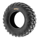 Angled view of a 25x10R12 radial 6-ply UTV and ATV tire made by SunF, model A043, with full color sidewall logo and directional Maxxis Ceros MU07 style tread pattern.