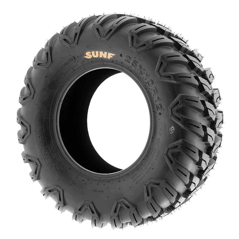 Angled view of a 25x10R12 radial 6-ply UTV and ATV tire made by SunF, model A043, with full color sidewall logo and directional Maxxis Ceros MU07 style tread pattern.