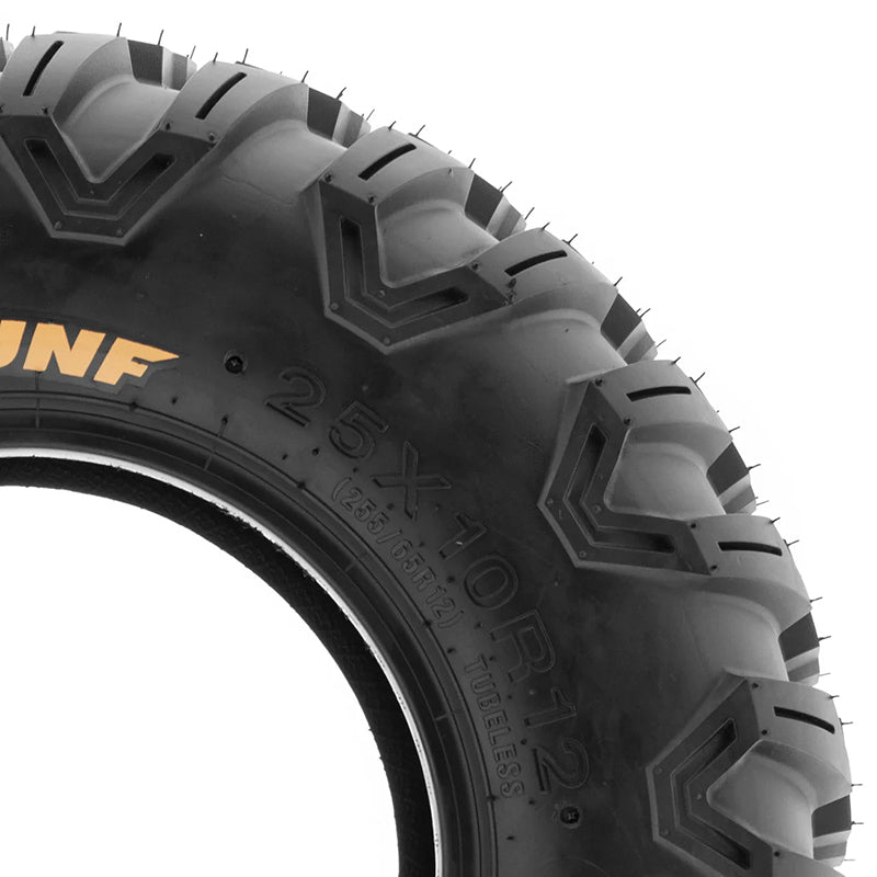 Close up view of the 255/65R12 tubeless radial UTV A043 all terrain tire.
