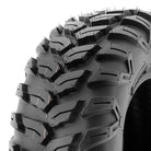 Close up angled view of the tread pattern and lug design of the directional A043 powersports tire by SunF, offered with free shipping, available individually or as a set of 2.
