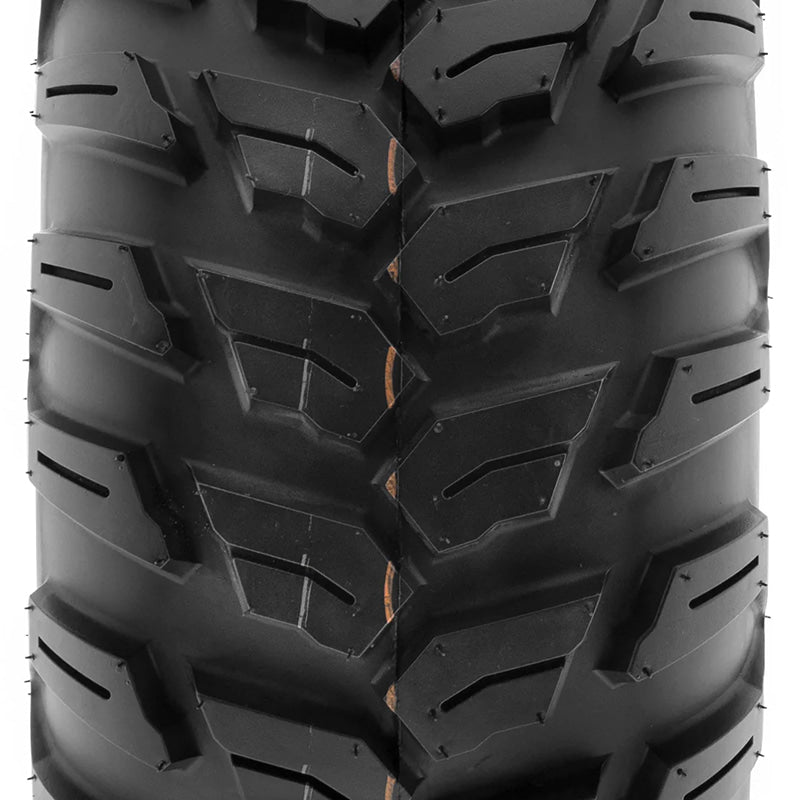 Close up straight on view of the clamshell mold construction all-terrain 6-ply utility and side-by-side tire, also great for ATVs and Quads.