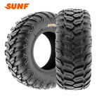 Angled and tread view of the SunF A043 all terrain 6-ply radial UTV, ATV, and SXS tire, designed similar to the Maxxis Ceros tire, but economy priced with free shipping from Ride or Die Tire.