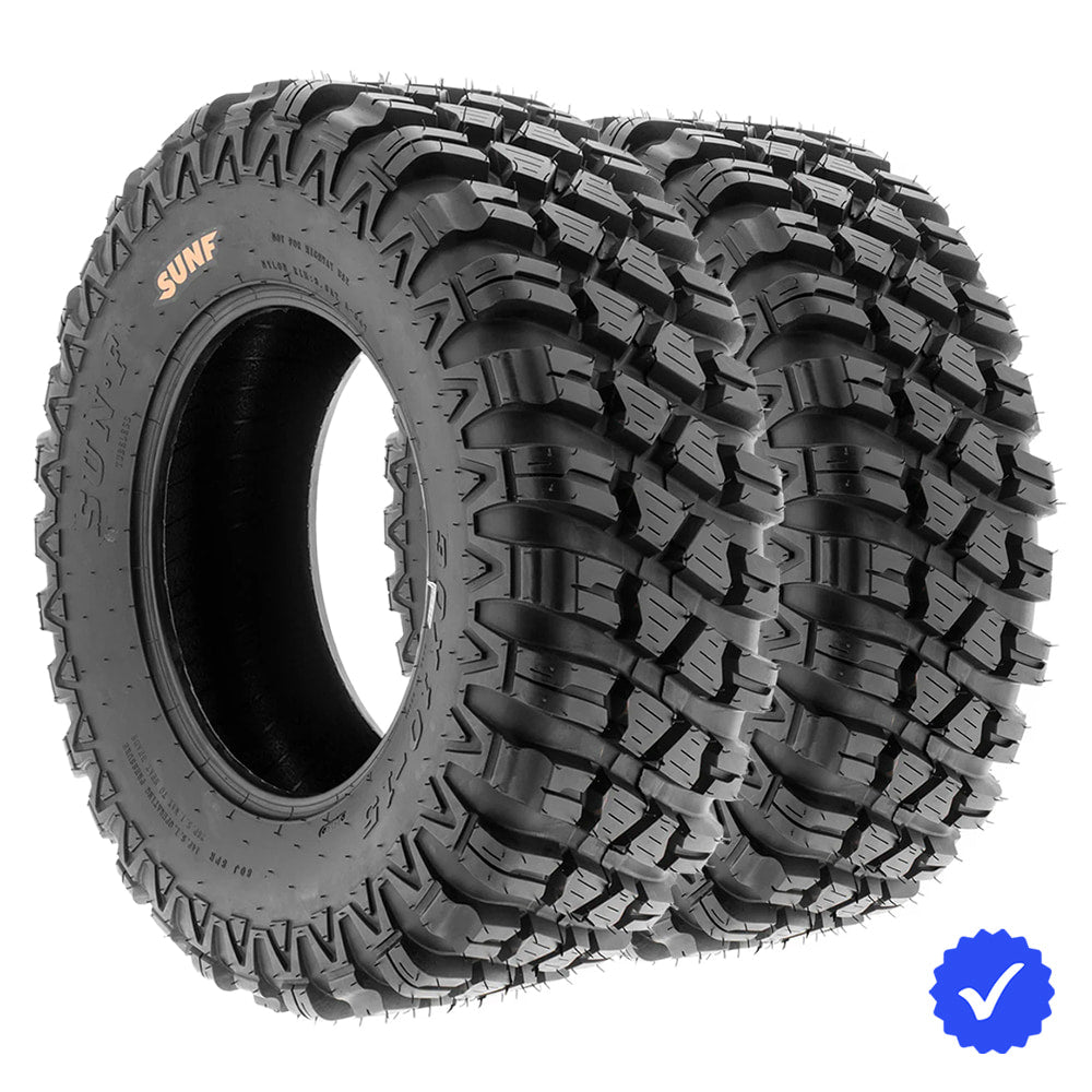 Set of 2 SunF A047 A/T tire for UTV and SXS machines, designed in 30x10-15 and 28x10-14 sizes with 6 or 8-ply bias construction, featuring diagonal tread block flow for multi-angled traction needs when driving over rocks, gravel, hard pack, and trails, all while being offered with free shipping from Ride or Die Tire.