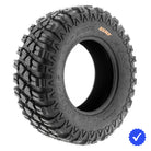Angled view of the 30x10-15 8-ply bias construction UTV and SXS tire by SunF, the A047 model, featuring unique tread pattern design, staggered shoulder lugs, and full color sidewall logo, available with free shipping from Ride or Die Tire.
