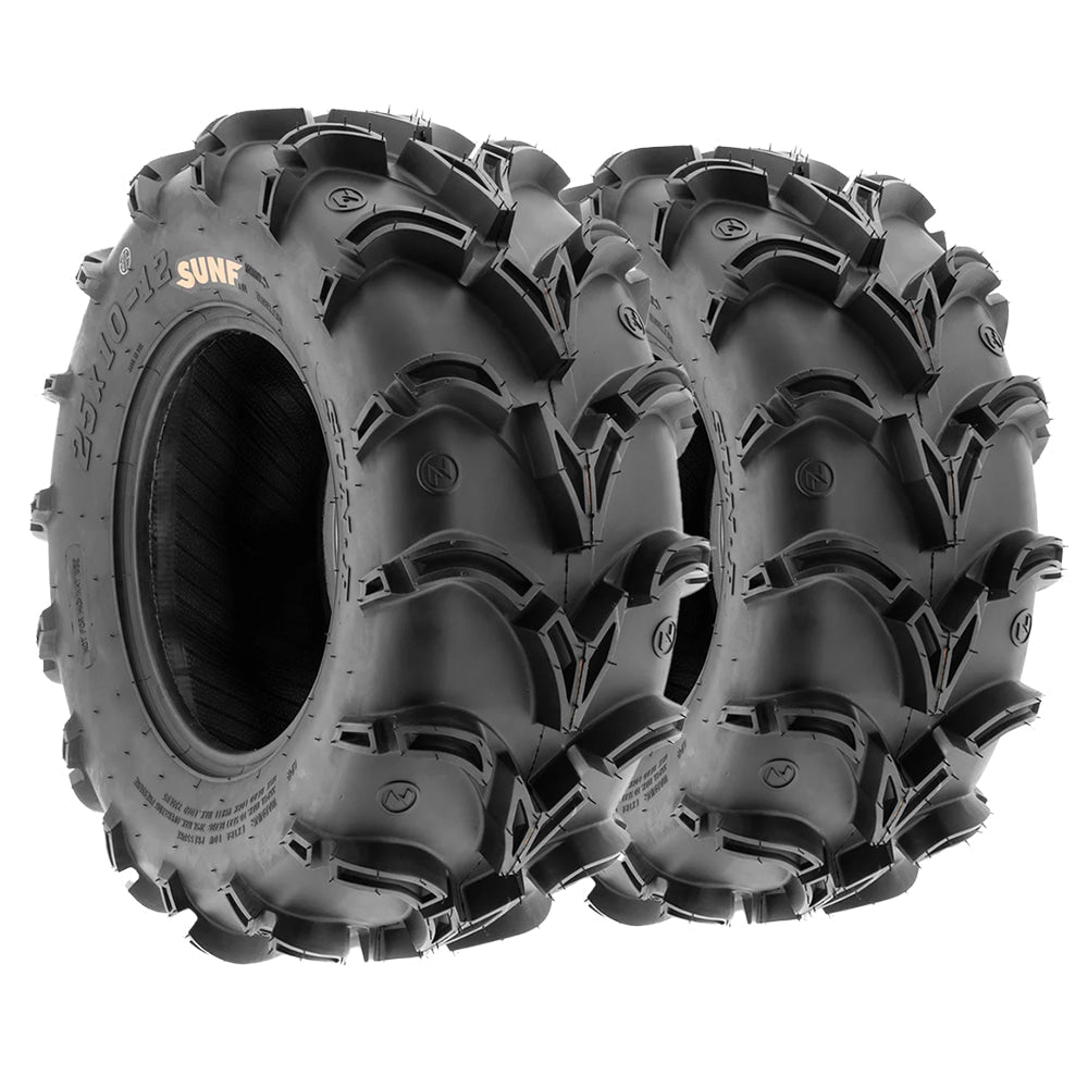 Set of 2 SunF A050 Godzilla UTV and ATV tires, designed for 10", 12", and 14" wheel diameters, and great for mud and loose sand because of deep angled lugs that are also great at self-cleaning while saving money by buying in a pair.