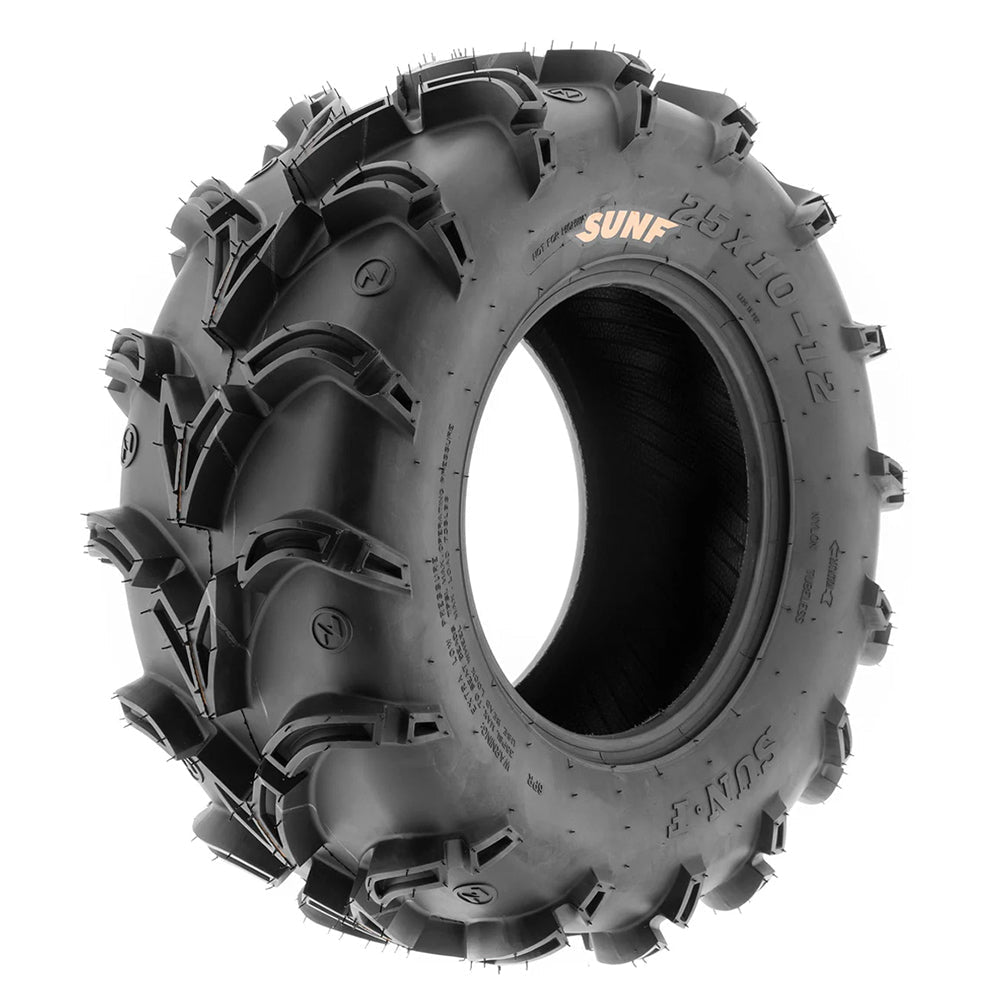 Angled view of the SunF A050 Godzilla directional mud terrain ATV and UTV tire with tough 6-ply bias construction, and available in 25x8-12, 25x10-12, and various other sizes, all offered with free shipping from Ride or Die Tire.