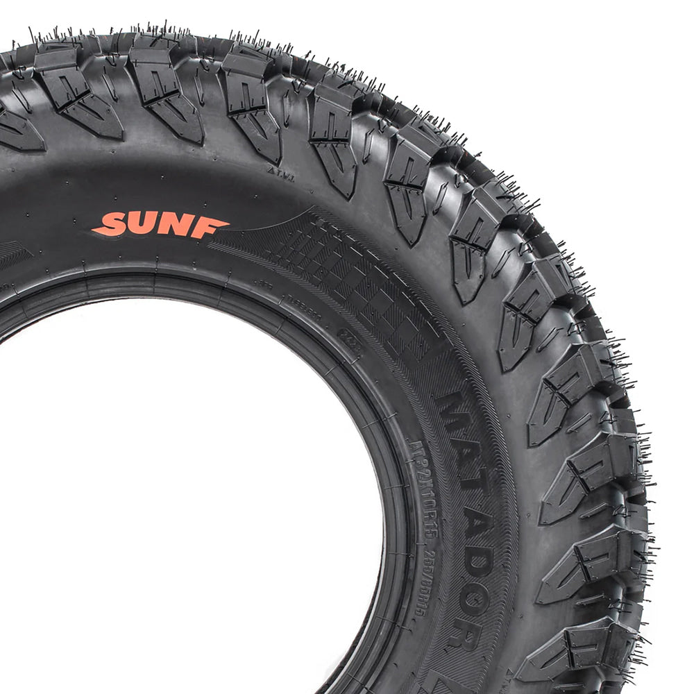 Partial sidewall A060 Matador tire view, displaying the full color SunF sidewall logo, checkered pattern design, and Matador model, in the 32x10R15 AT tire size but also available in 14" rim sizes as well as 33x10R15.