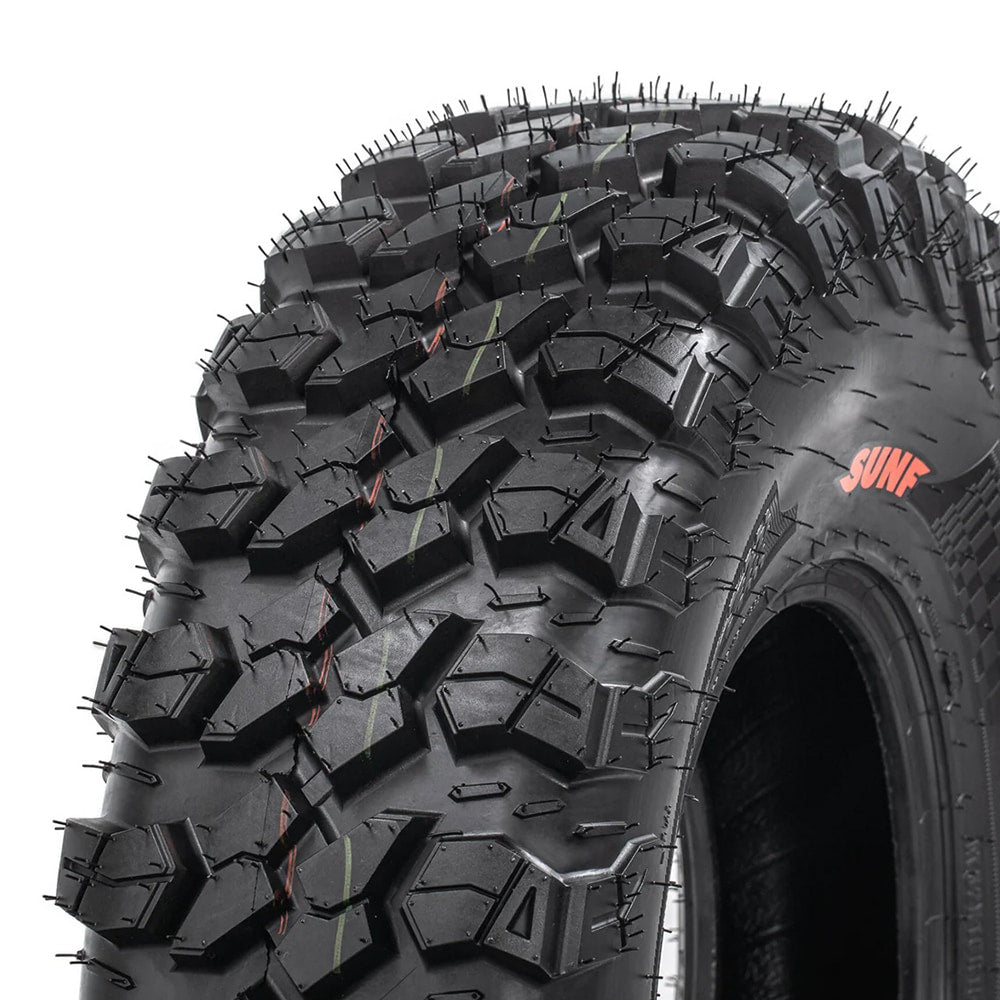 Close up view of the alternating shoulder tread block design featured on the new SunF A060 Matador 8-Ply Radial UTV tire, manufactured with clamshell mold technology, and designed to perform great on a wide variety of terrains.
