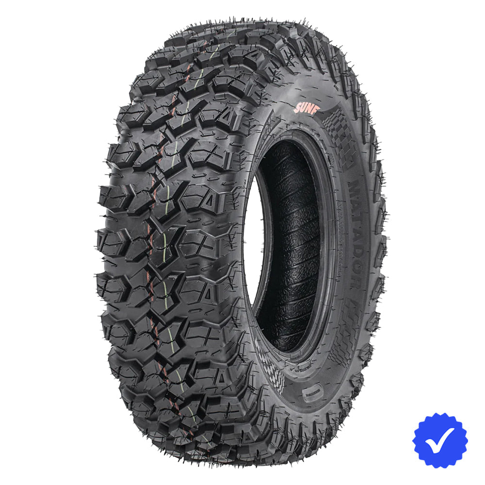 Angled view of the new SunF A060 high performance 8-Ply Radial UTV and SXS tire from Ride or Die Tire, available to purchase as a single tire or as a full set of 4, always fast and free shipping, and offered in 30x10r14, 32x10r14, 32x10r15, and 33x10r15 tire sizes.