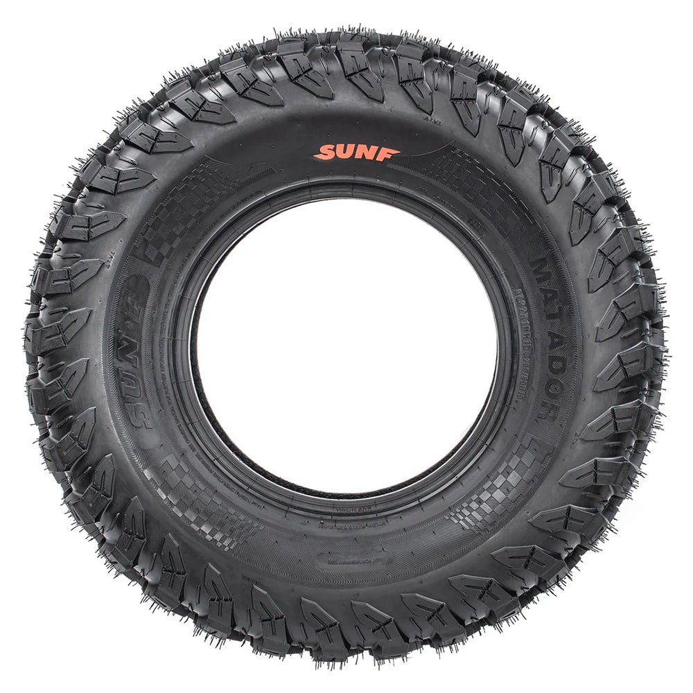 Full sidewall view of the tough and rugged great value SunF A060 Matador 8-Ply Radial Side-by-Side and UTV tire, featuring great looking sidewall full color logo and molded Matador wording and checkered flag design.