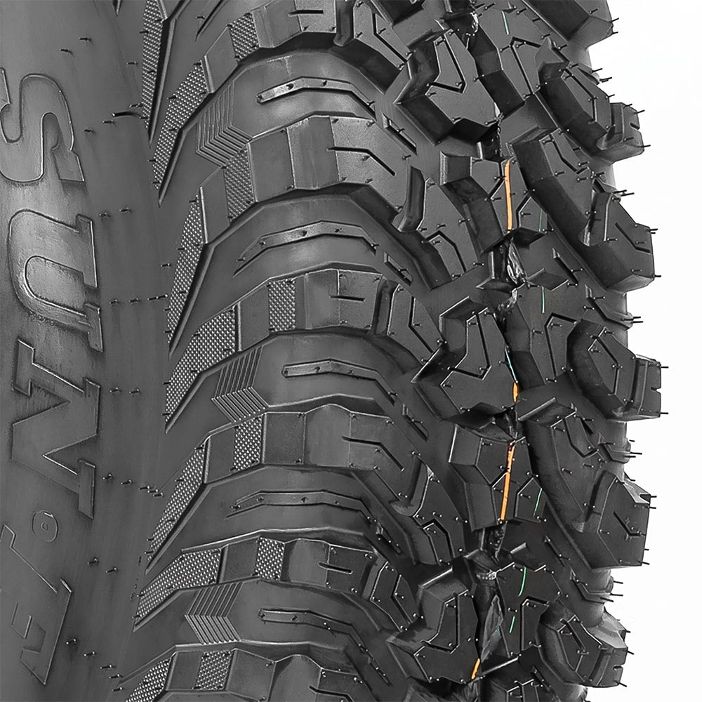 Extreme close up detailed view of the shoulder lugs and center lug design found on the SunF A066 Trail Titan 35x10-15 bias ply all-terrain high performance UTV tire.