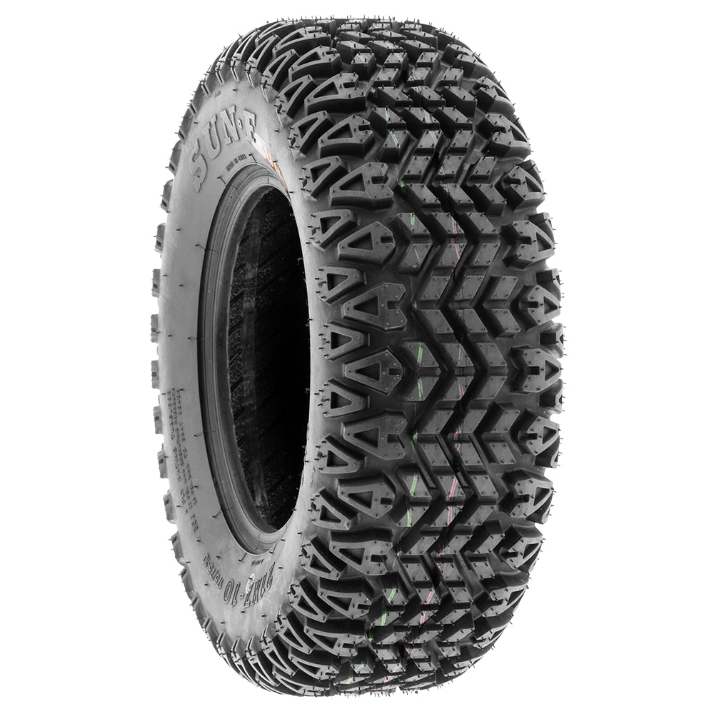 Angled view of a single SunF G003 all-terrain golf cart, lawn and garden all terrain tire, featuring a high traction design and 4-ply bias construction, offered in a wide variety of sizes, all with fast and free shipping.