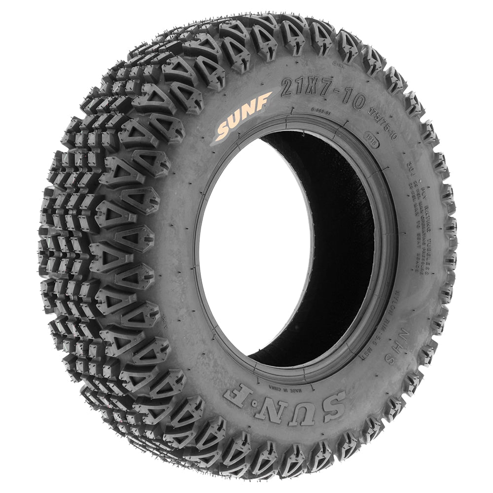Angled view of the 21x7-10 SunF G003 all-terrain lawn and garden tire, and also works great on golf carts and some ATV applications.