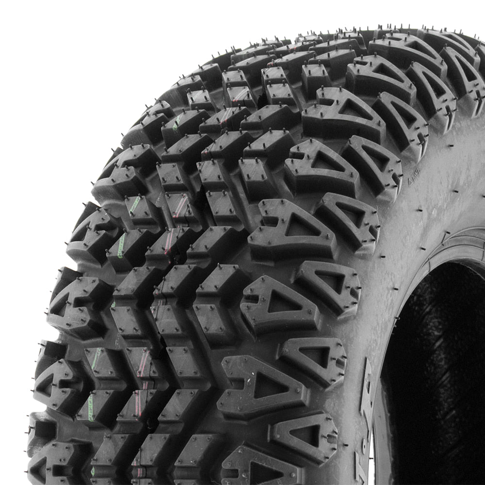 Close up detailed view of the tread pattern and lug design on the SunF G003 all-terrain tire.