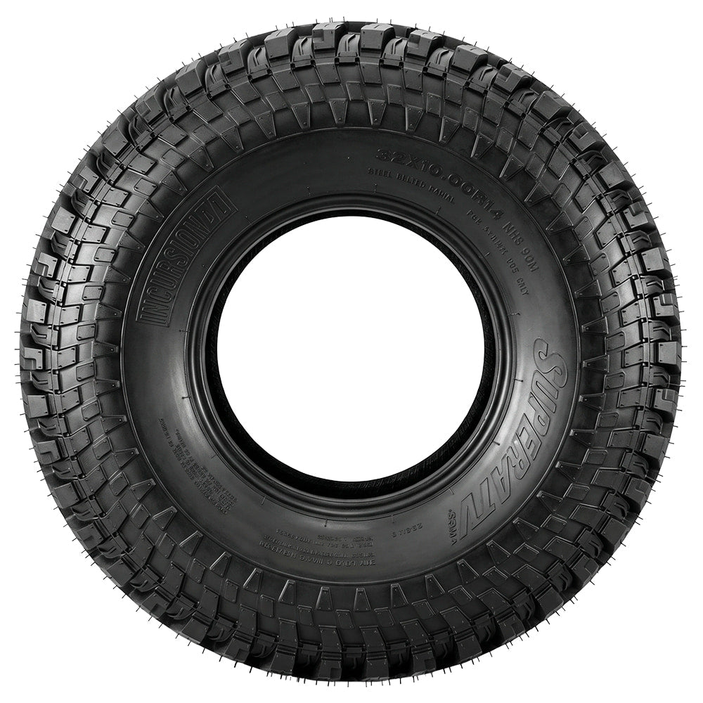 Full sidewall view of the premium quality steel belted radial SuperATV Incursion A/T UTV and SXS 8-Ply tire, available in 14" and 15" diameter wheels, designed for elite performance on pavement and hardpack, offering a quiet comfortable ride, and long tread life, constructed with segmented mold technology.