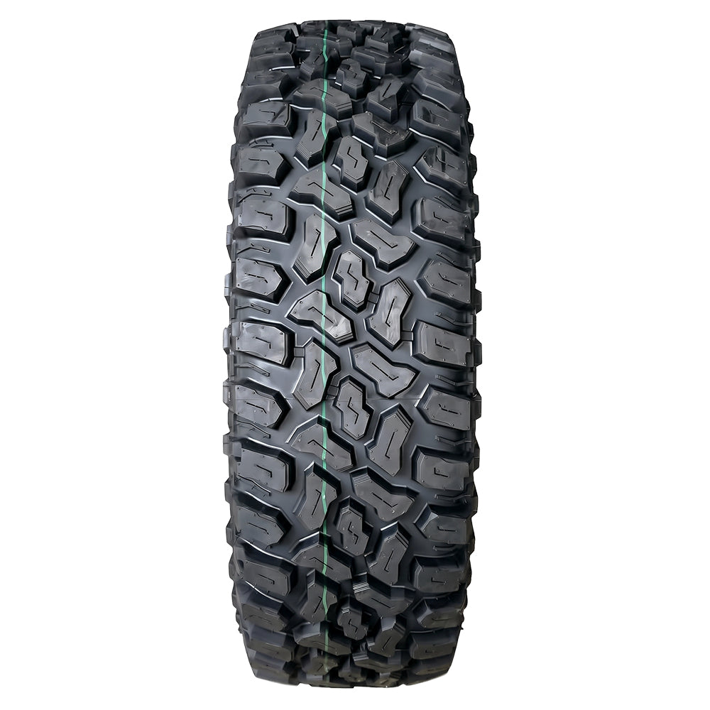 Full tread pattern view of the high quality steel belted radial, segmented mold, SuperATV Incursion AT tire, showcasing the stepped should intermediate lug pattern, wider spaced shoulder lugs, non-directional tread design, engineered for high speed performance, quiet operation, and long tread life for UTV and SXS applications, sold by authorized dealer Ride or Die Tire.