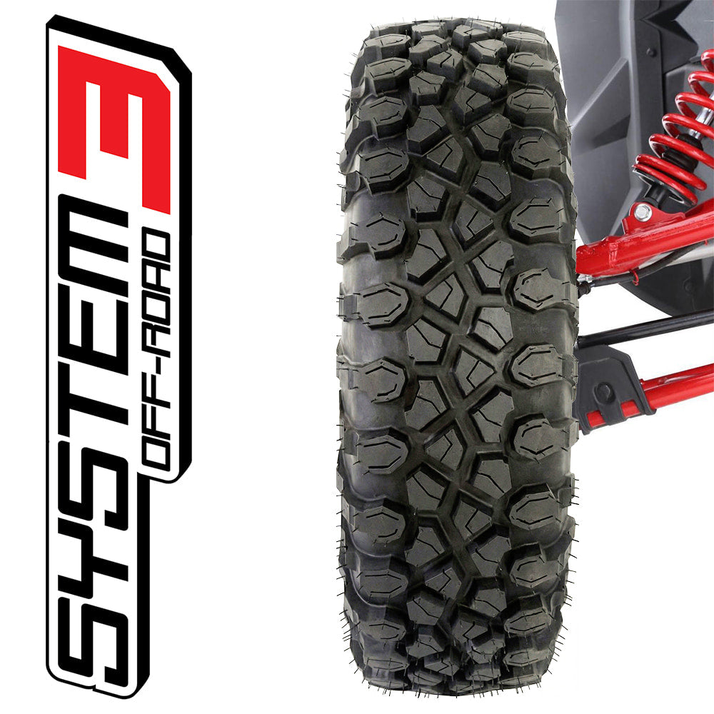 View of the System 3 XC450 10-ply Radial UTV and Side-by-Side tire mounted on a machine with the System 3 logo beside the tire.