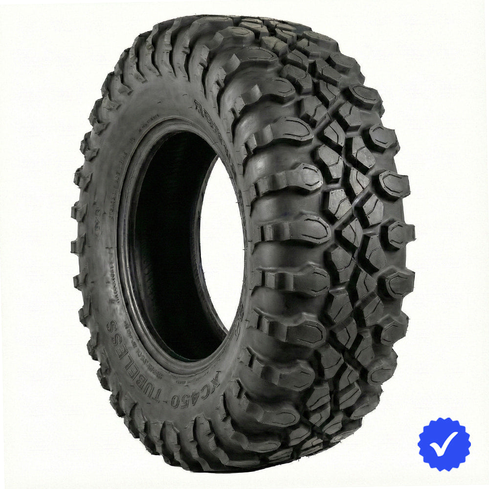 Angled view of the versatile all-terrain System 3 XC450 X-Country off-road UTV and SXS tire available in 14", 15", and 18" rim sizes, featuring strong 10-ply Radial construction, high load rating, advanced sidewall construction, tight center tread block design, and all offered with fast and free shipping.