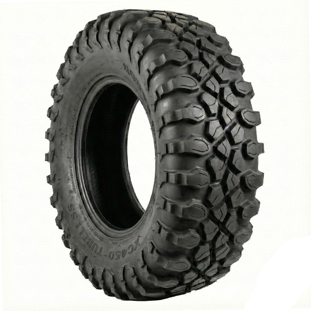 Angled view of the versatile all-terrain System 3 XC450 X-Country off-road UTV and SXS tire available in 14", 15", and 18" rim sizes, featuring strong 10-ply Radial construction, high load rating, advanced sidewall construction, tight center tread block design, and all offered with fast and free shipping.