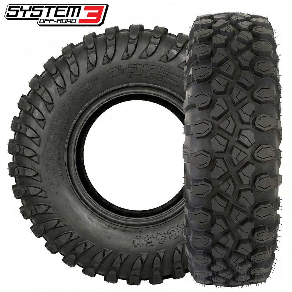 Main product listing photo of the capable and versatile System 3 XC450 UTV and SXS tire, featuring strong 10-ply rated radial construction to ensure both strength and ride comfort for the most challenging and demanding UTV and SXS drivers, offered for sale in most popular sizes by Ride or Die Tire.