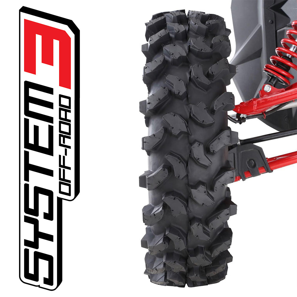 Promotional photo displaying the tread pattern and lug design found on the System 3 XTR370 Side-by-side tire, showcasing the deep 3/4" to 1-1/4" shoulder lugs with staggered construction and high void ratio for great trail and mud traction with good cleanout capabilities.