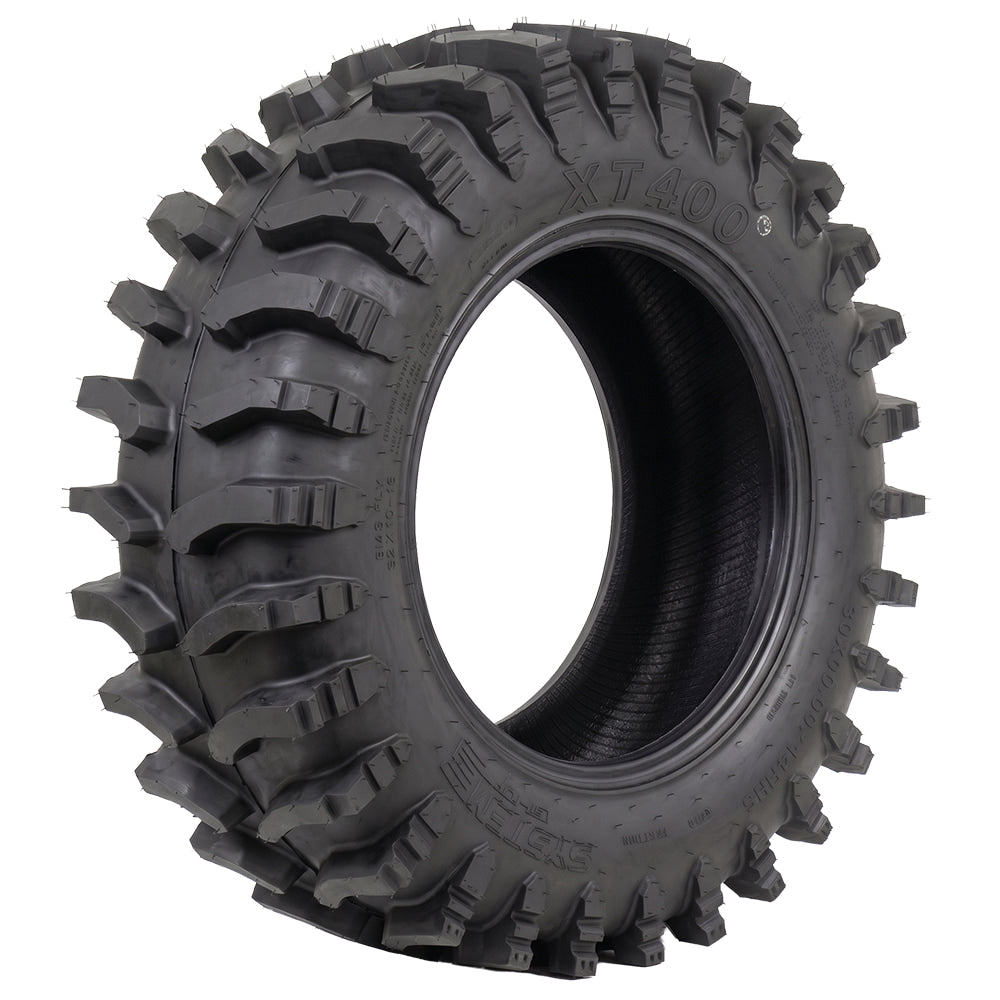 Angled view of the popular System 3® XT400 extreme-terrain 10-ply radial UTV and SXS tire, available for 14", 15", 18", 20", and 24" rims, all offered with fast and free shipping.