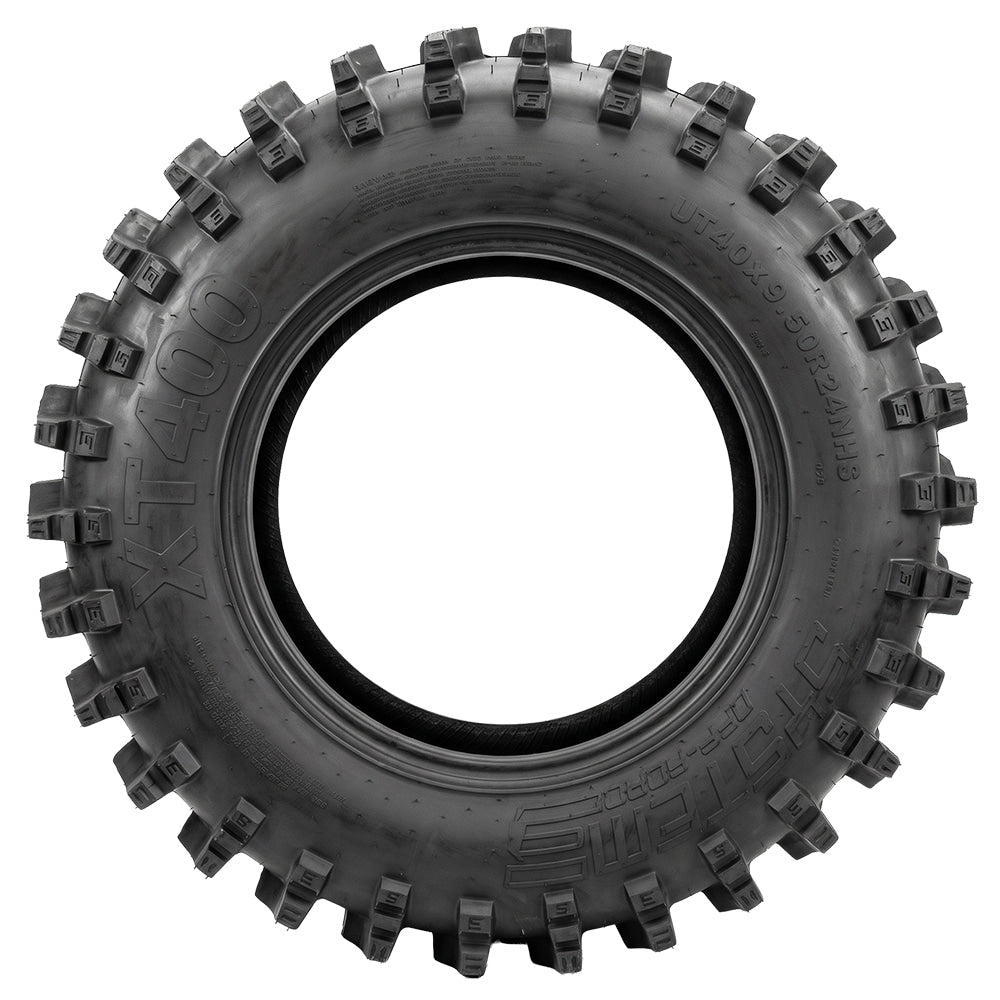Full sidewall view of the System3 XT400 mud and all-terrain UTV and SXS tire, showcasing the bold and aggressive styling and high traction shoulder lug design.
