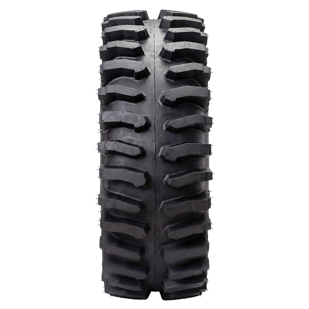 Full tread pattern view of the System3 XT400 mud and all-terrain UTV and SXS tire, showcasing the open and aggressive tread pattern and center channel, great for mud, loose terrain, and general trail riding.
