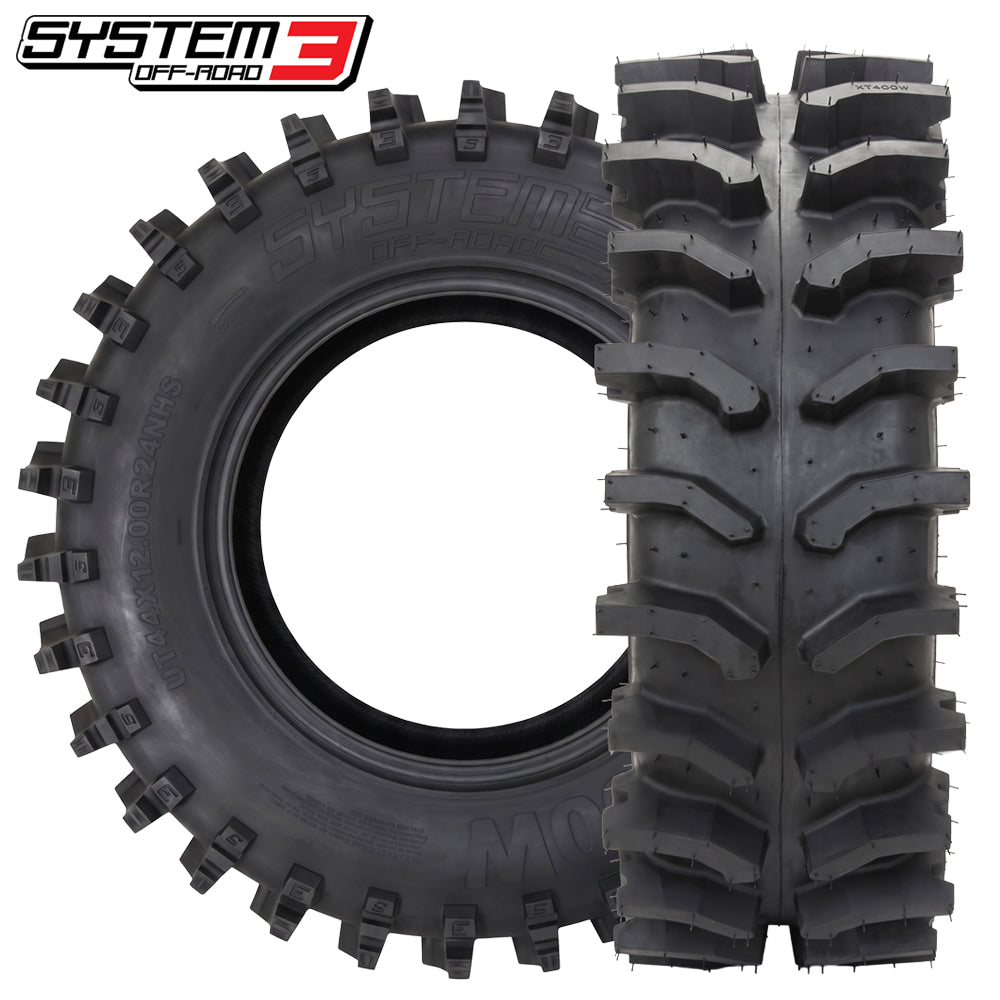 Main product listing photo of the System 3 XT400W extra-wide extreme-terrain 10-ply nylon radial ATV and UTV tires, designed with high traction open-lug pattern for rocks, trails, and mud, offered in many popular UTV and SXS tire sizes, for sale by authorized System 3 dealer Ride or Die Tire.