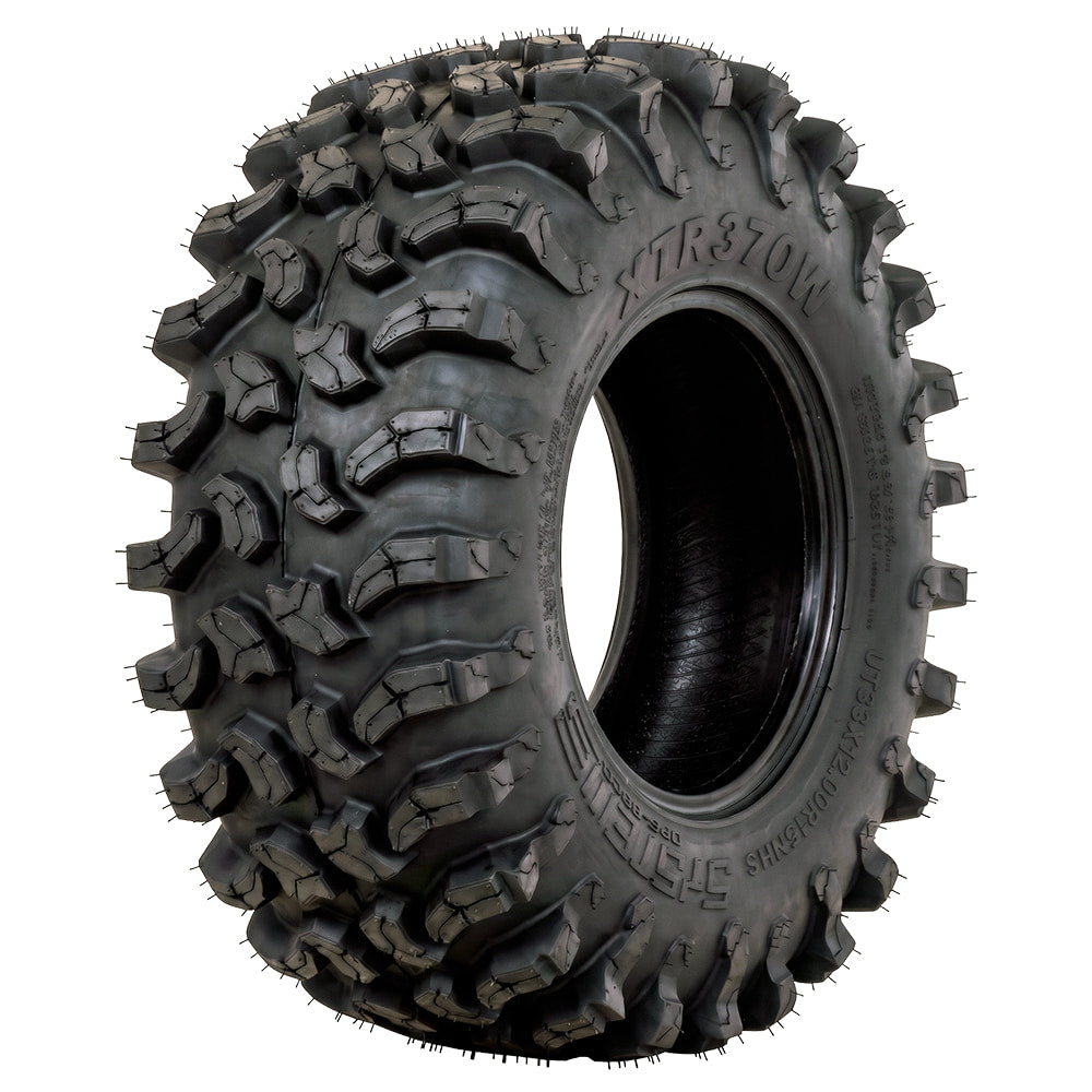 Angled view of the all new wide profile System3 XTR370W SXS and UTV high performance mud and all terrain tire, featuring 12" wide profile and available for 15", 20", and 24" wheels, all offered with free shipping from Ride or Die Tire.