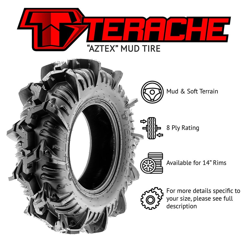 Promotional photo displaying the features and details of the Terache Aztex XL mud tire designed for UTVs and ATVs, designed for mud and soft terrain with an 8-ply rating, and sizes for 14", 16", 18", 20", 22", and 24" rim sizes.