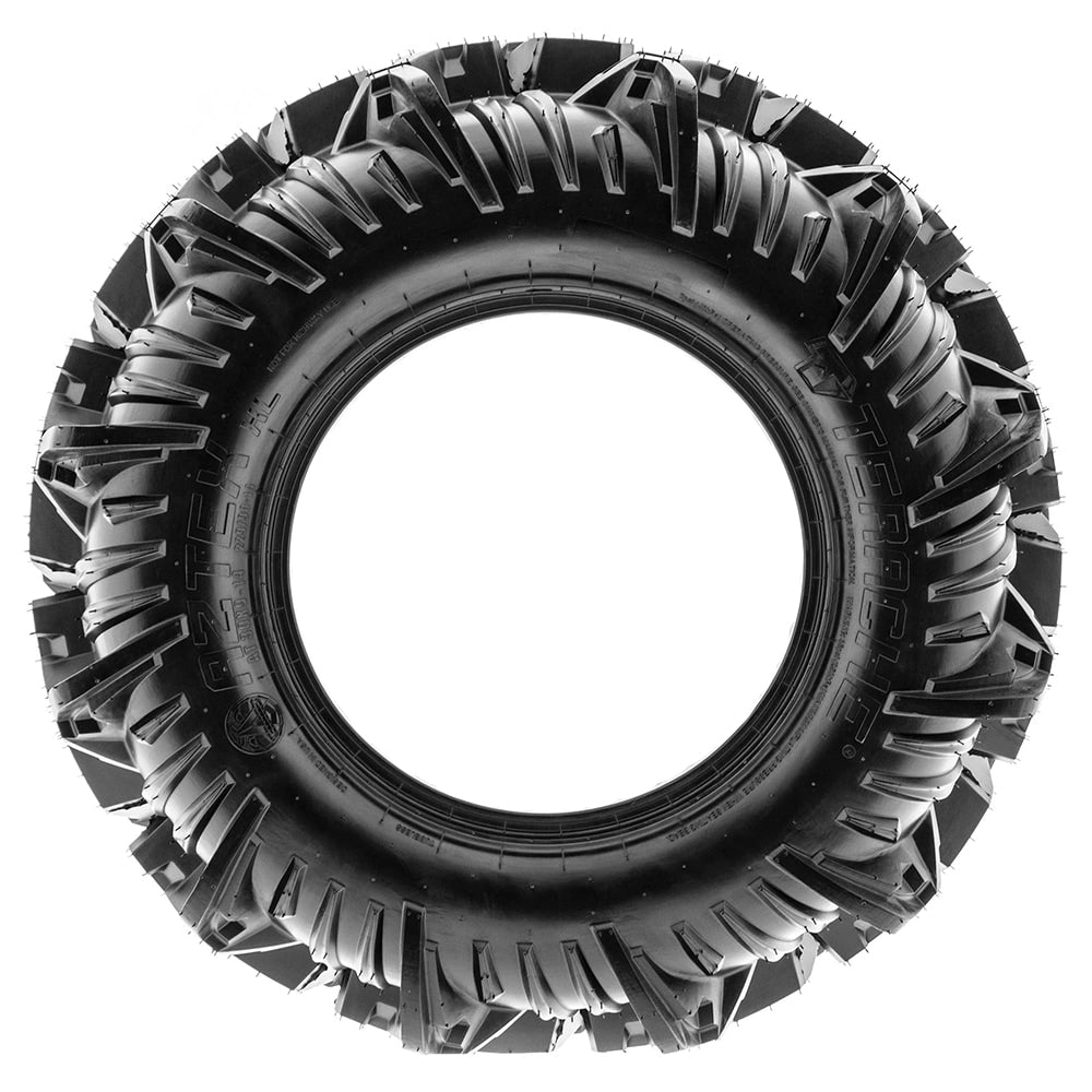 Full sidewall view of the Aztex XL mud terrain UTV tire, featuring deep mud scoop lugs on the shoulders.