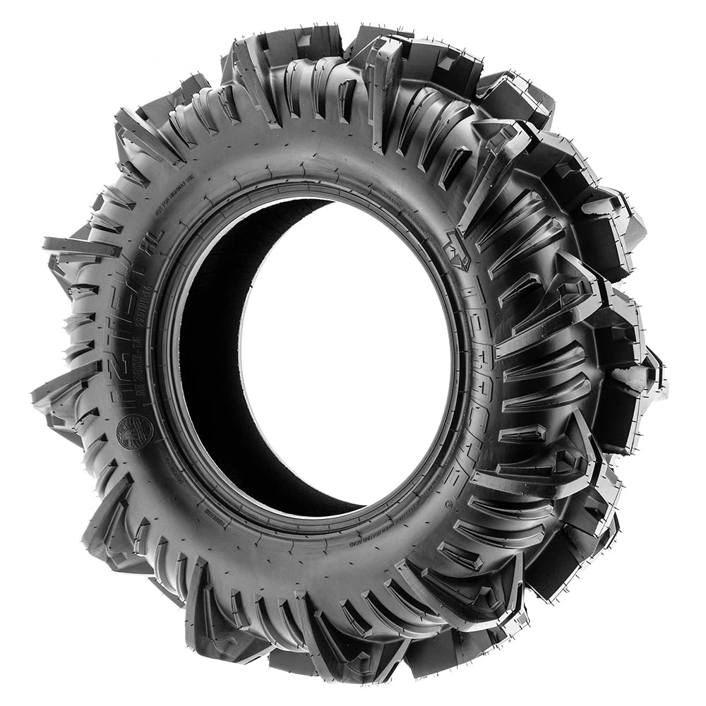 Alternate angled view displaying the deep lug design and casing texture to reduce mud buildup between the lugs, paired with the overlapping center tread block to improve driveability and reduce noise.