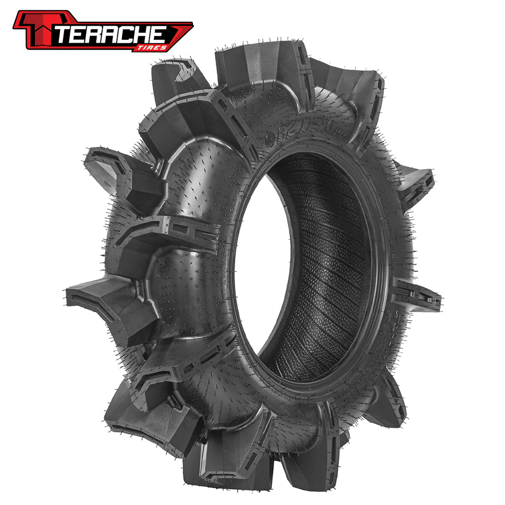 Main high quality product photo view of the all new Terache Aztex XX deep mud and bogger tire, made with 8-ply bias construction, lightweight design, and super deep 2-1/2 to 3 inch deep scoop style lugs, offered in sizes for 14" rims, all offered for sale by Ride or Die Tire.