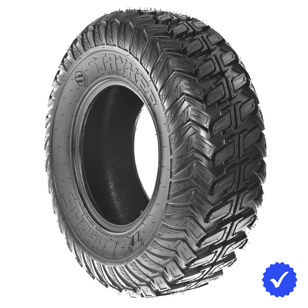 Angled view of the high performance 8-ply Terache Stryker line of UTV and SXS desert racing and hardpack tires, available in 28x9-14, 28x11-14, 30x10-14, and 32x10-14 sizes, single tire or a set of 4, always with free shipping.