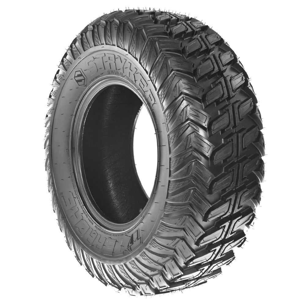 Angled view of the high performance 8-ply Terache Stryker line of UTV and SXS desert racing and hardpack tires, available in 28x9-14, 28x11-14, 30x10-14, and 32x10-14 sizes, single tire or a set of 4, always with free shipping.