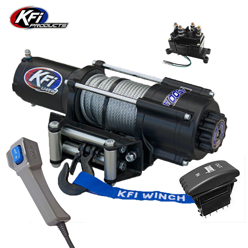 4,500 pound rating KFI U45W-R2 wide mount model UTV, ATV, and SXS winch with 52' steel cable, handheld corded remote, heavy duty solenoid, dash mounted rocker switch, featuring free shipping.